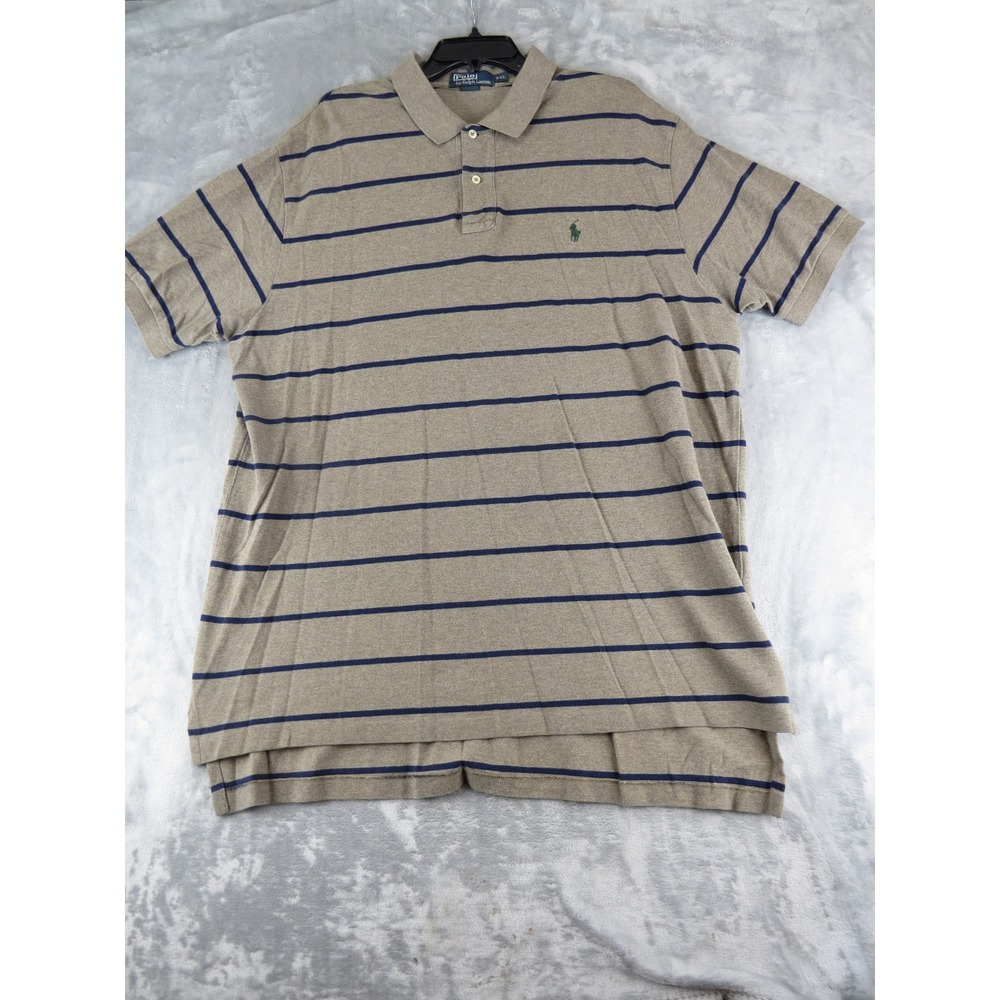 Polo Ralph Lauren XXL Striped Pique Polo Shirt Gray Navy Logo Classic Fit Cotton